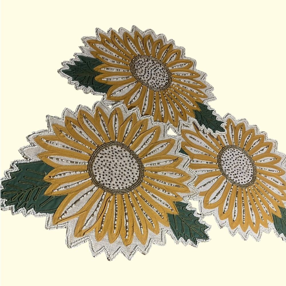 Celebrate Together Set of 3 Beaded & Sequined Sunflower Place Mats 16"Wx13"T NWT